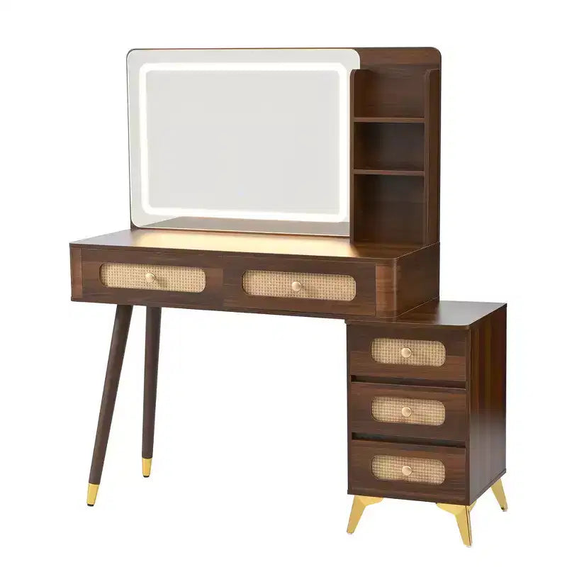 Whisen Makeup Vanity Table with Mirror, Lights, 5 Drawers and Storage Shelf