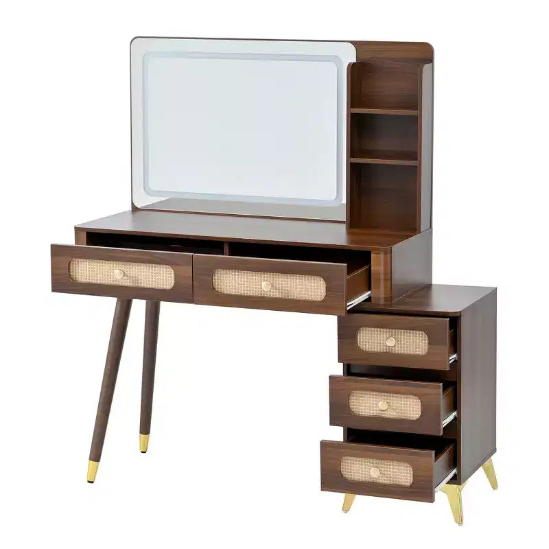 Whisen Makeup Vanity Table with Mirror, Lights, 5 Drawers and Storage Shelf