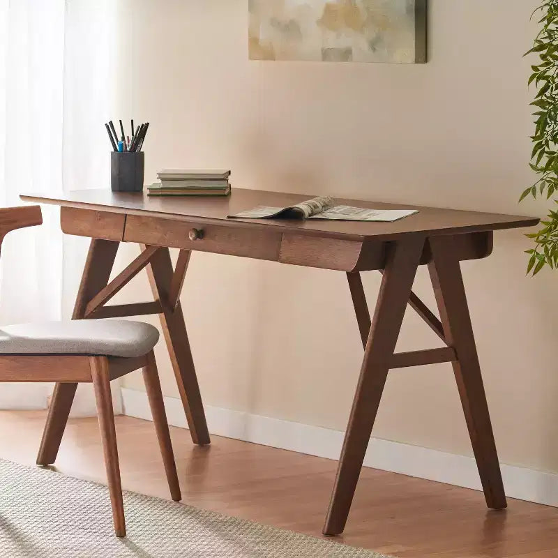 Okak 57IN Modern Computer Desk with Elegent Design, Home Office Desks with 1 Drawer, Standing Desk for Reading Room, Bedroom, Study, Walnut
