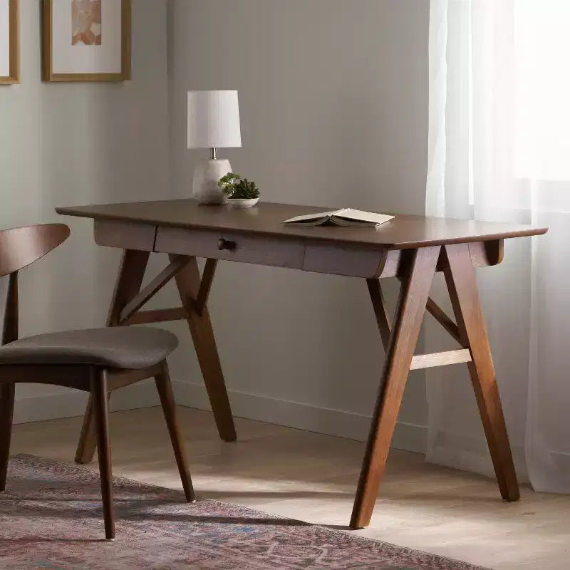 Okak 57IN Modern Computer Desk with Elegent Design, Home Office Desks with 1 Drawer, Standing Desk for Reading Room, Bedroom, Study, Walnut