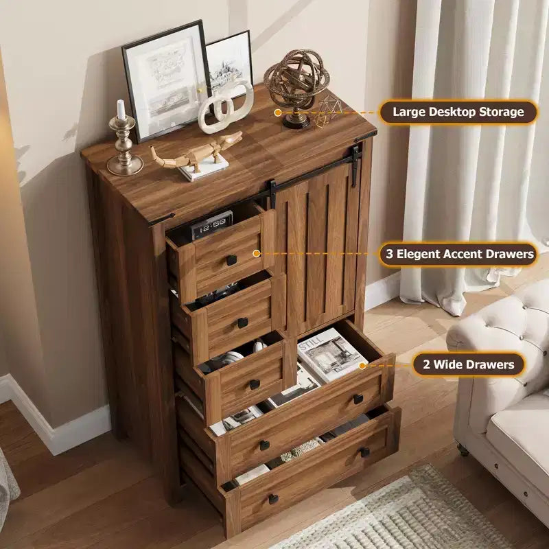 5-Drawer Dresser, Modern Wooden Bedroom Chest of Drawers With Storage Drawers, Farmhouse Style TV Stand for Living Room, Bedroom, Hallway