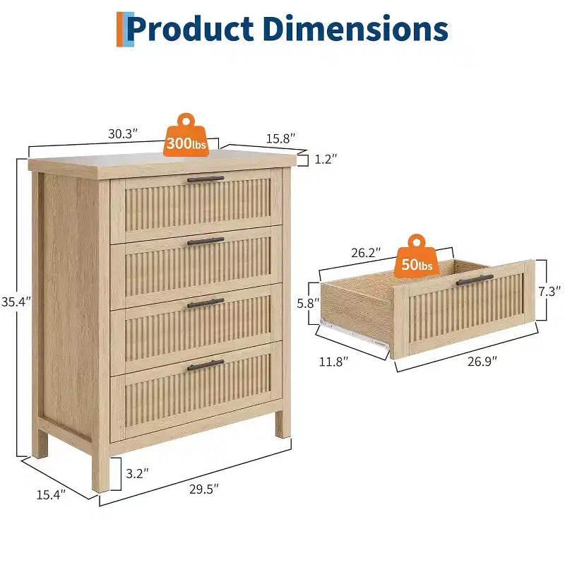 4-Drawer Dresser, Modern Wooden Bedroom Chest of Drawers With Handles and Storage Drawers, Farmhouse Style TV Stand for Living Room, Bedroom, Hallway