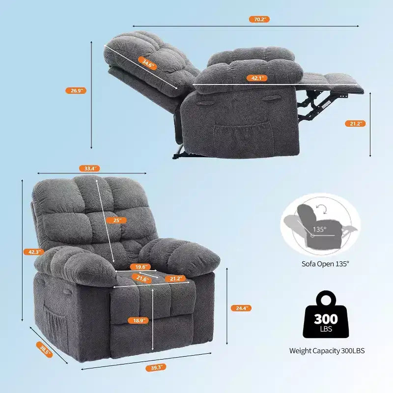 Manual Reclining Chair, Padded Ergonomic Design with Breathable Fabric and Side Storage Pockets, for Living Room