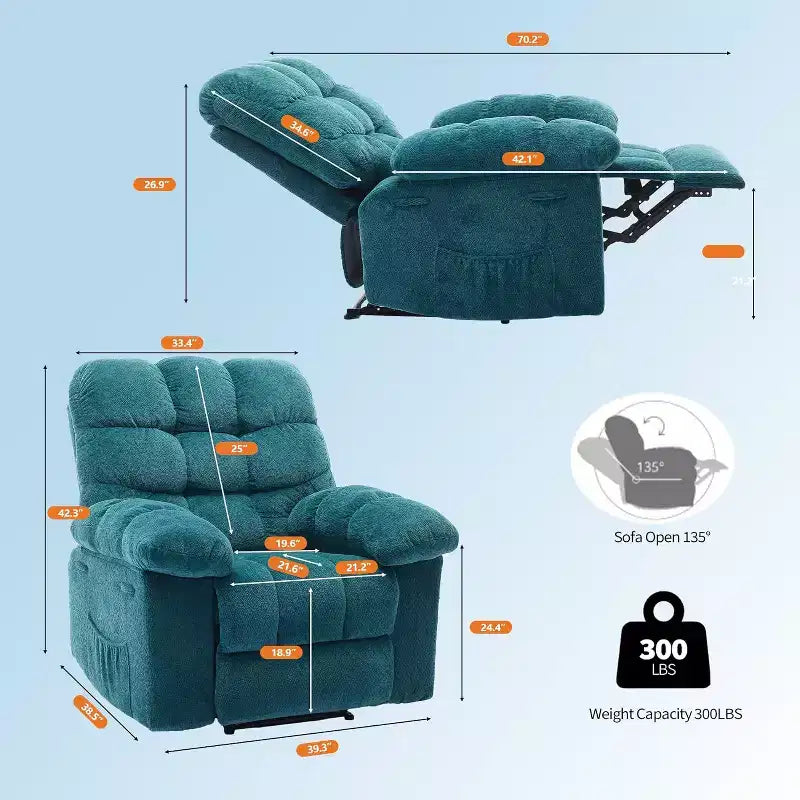 Manual Reclining Chair, Padded Ergonomic Design with Breathable Fabric and Side Storage Pockets, for Living Room