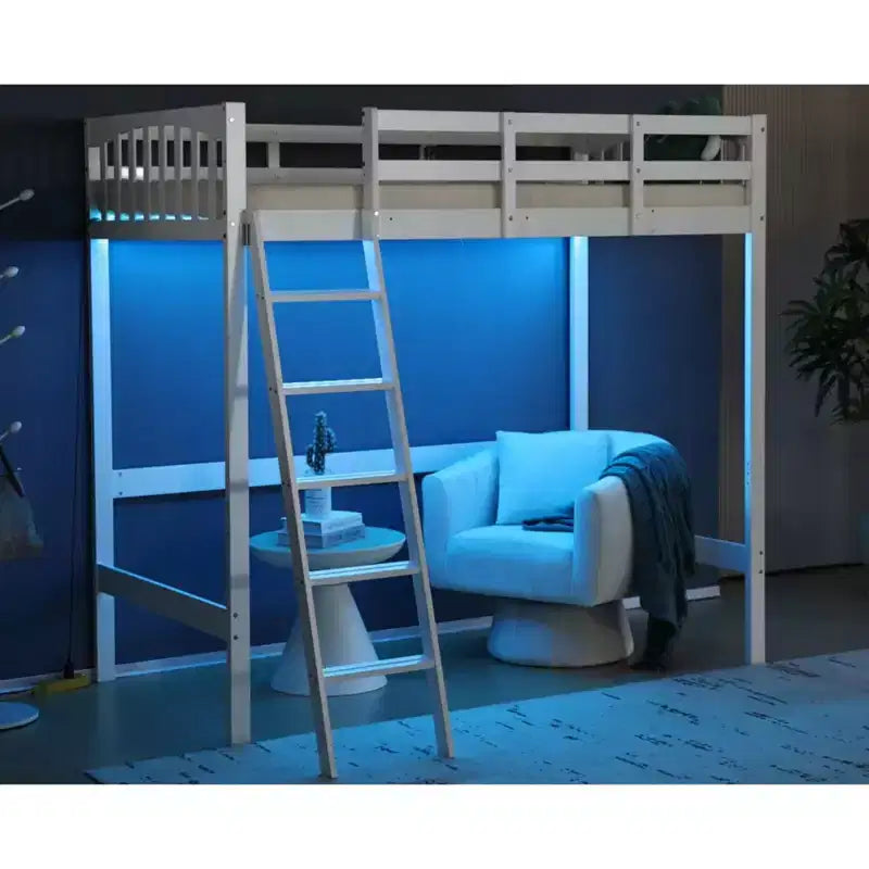 VINGLI Twin Wood Loft Bed with Charging Station/LED, Flat Rungs, 15 inches High Guardrail,Wood Slat Support No Box Spring Needed, White