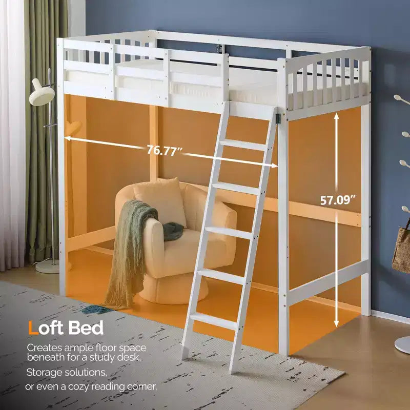 VINGLI Twin Wood Loft Bed with Charging Station/LED, Flat Rungs, 15 inches High Guardrail,Wood Slat Support No Box Spring Needed, White