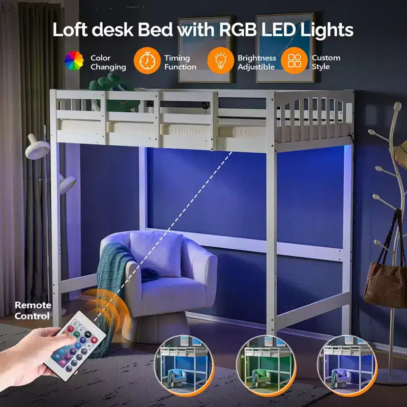 VINGLI Twin Wood Loft Bed with Charging Station/LED, Flat Rungs, 15 inches High Guardrail,Wood Slat Support No Box Spring Needed, White