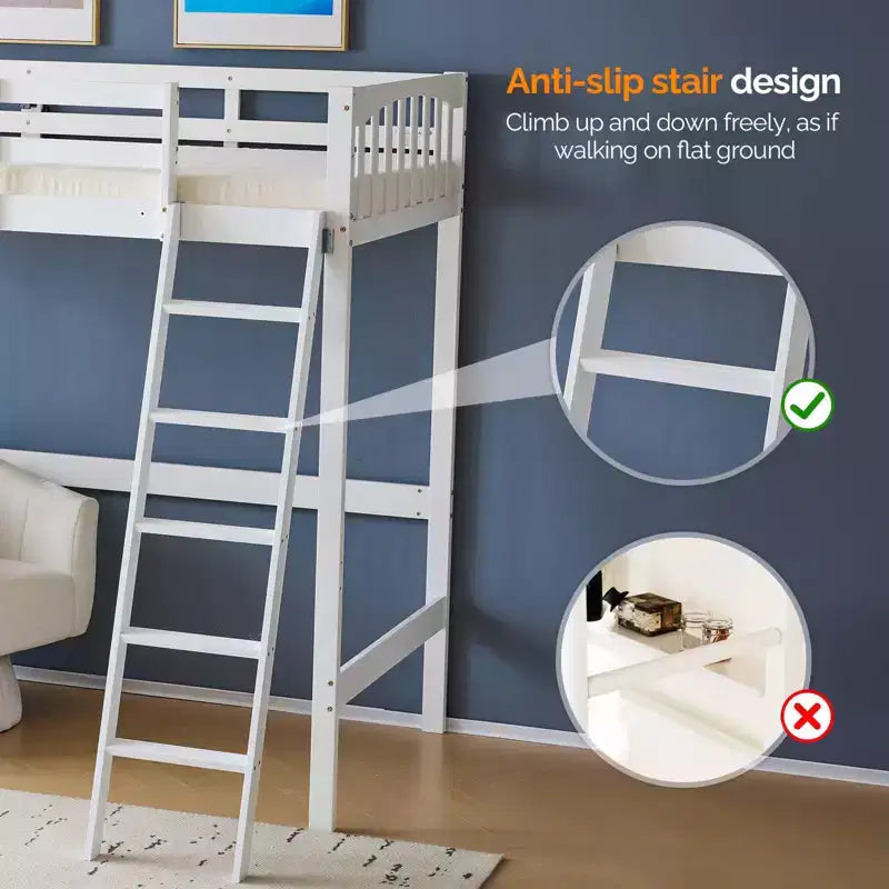 VINGLI Twin Wood Loft Bed with Charging Station/LED, Flat Rungs, 15 inches High Guardrail,Wood Slat Support No Box Spring Needed, White