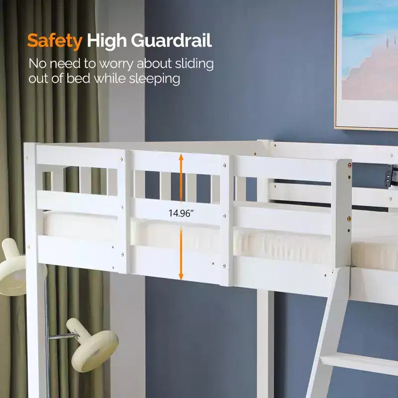 VINGLI Twin Wood Loft Bed with Charging Station/LED, Flat Rungs, 15 inches High Guardrail,Wood Slat Support No Box Spring Needed, White