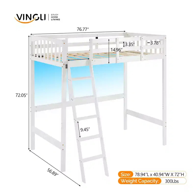 VINGLI Twin Wood Loft Bed with Charging Station/LED, Flat Rungs, 15 inches High Guardrail,Wood Slat Support No Box Spring Needed, White