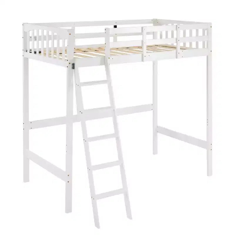 VINGLI Twin Wood Loft Bed with Charging Station/LED, Flat Rungs, 15 inches High Guardrail,Wood Slat Support No Box Spring Needed, White