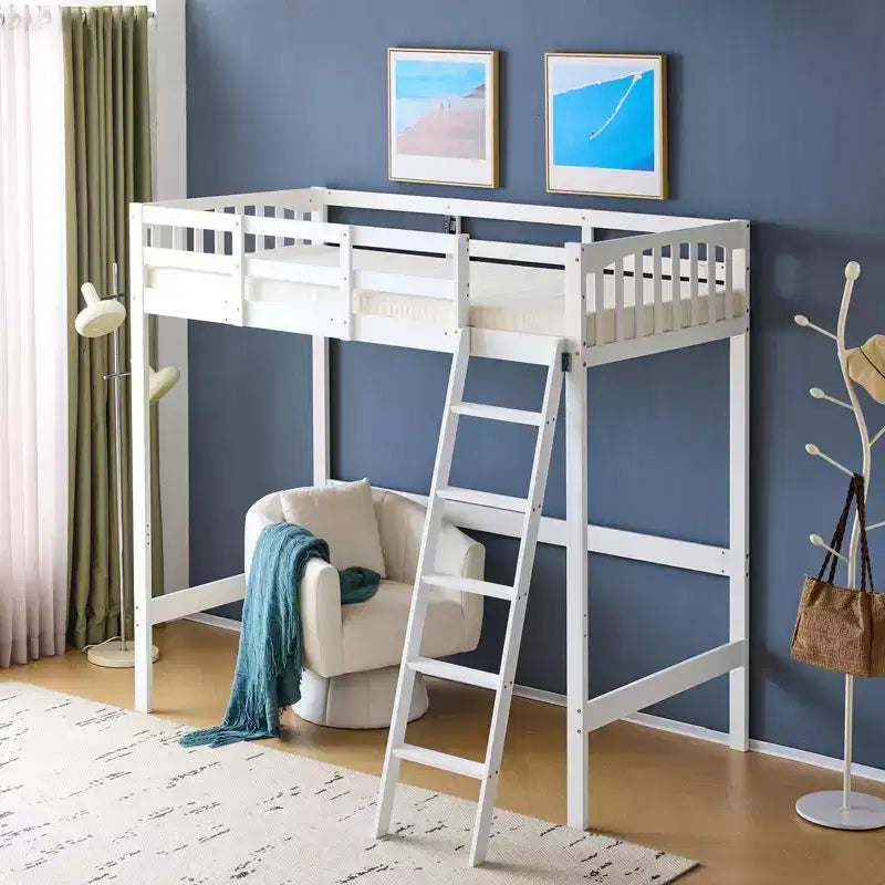 VINGLI Twin Wood Loft Bed with Charging Station/LED, Flat Rungs, 15 inches High Guardrail,Wood Slat Support No Box Spring Needed, White