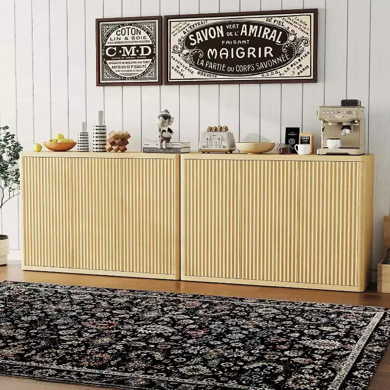 Fluted 3-Door Buffet Cabinet, Multi-Function Home Coffee Bar with Adjustable Shelves for Dining Room and Living Room