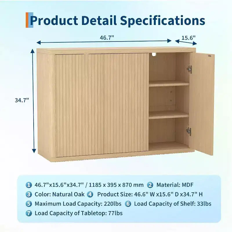 Fluted 3-Door Buffet Cabinet, Multi-Function Home Coffee Bar with Adjustable Shelves for Dining Room and Living Room
