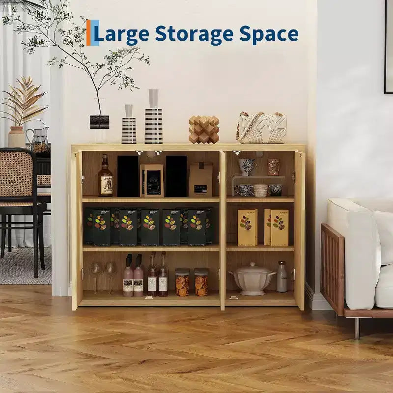 Fluted 3-Door Buffet Cabinet, Multi-Function Home Coffee Bar with Adjustable Shelves for Dining Room and Living Room