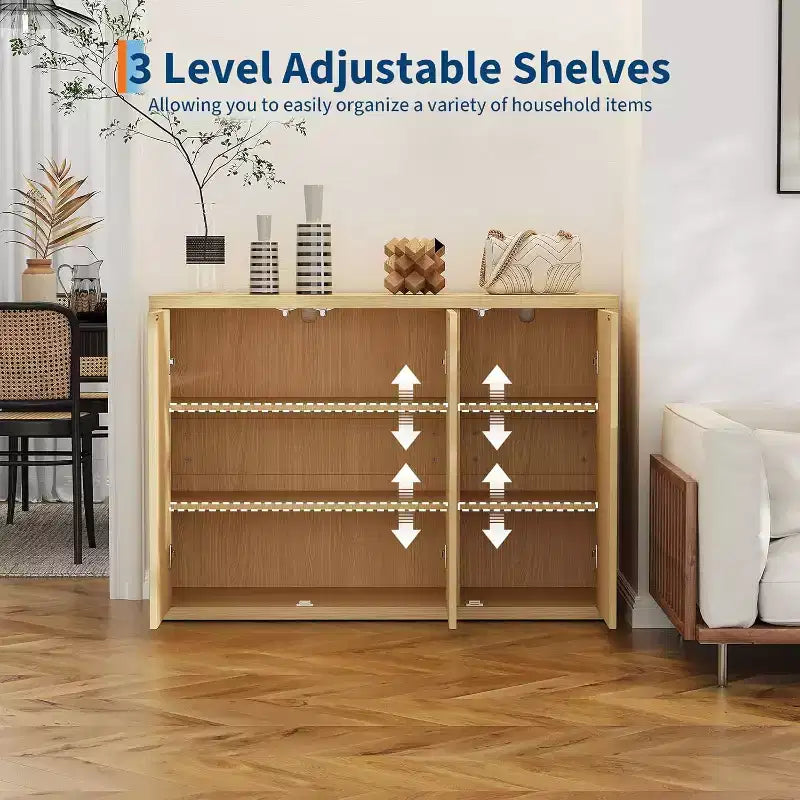 Fluted 3-Door Buffet Cabinet, Multi-Function Home Coffee Bar with Adjustable Shelves for Dining Room and Living Room
