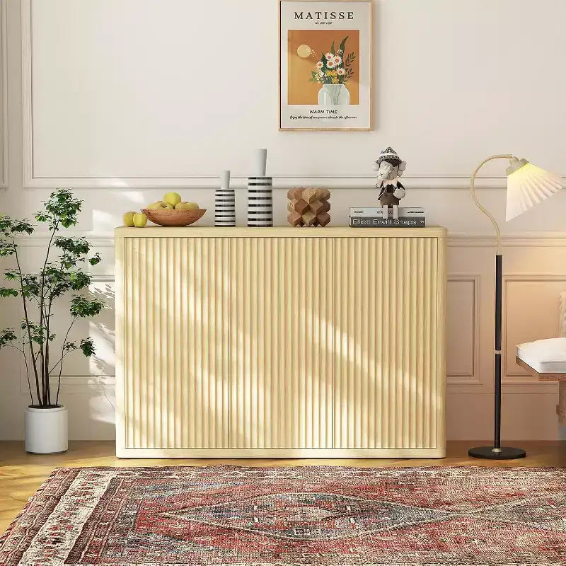 Fluted 3-Door Buffet Cabinet, Multi-Function Home Coffee Bar with Adjustable Shelves for Dining Room and Living Room