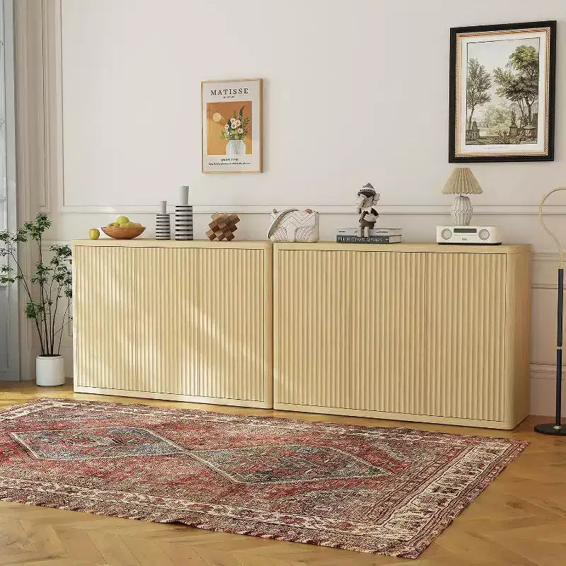 Fluted 3-Door Buffet Cabinet, Multi-Function Home Coffee Bar with Adjustable Shelves for Dining Room and Living Room