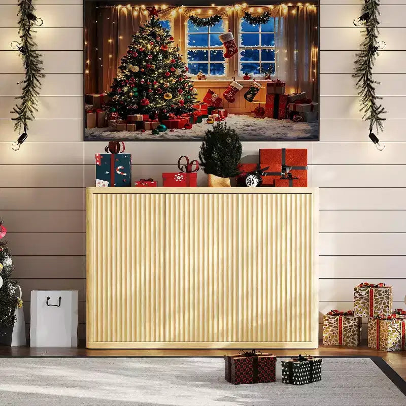 Fluted 3-Door Buffet Cabinet, Multi-Function Home Coffee Bar with Adjustable Shelves for Dining Room and Living Room