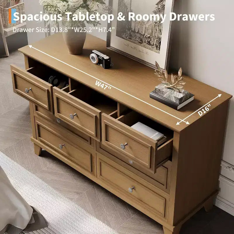 7-Drawer TV Stand and Dresser, Modern Long Chest with Vintage Handles and Deep Storage for Living Room, Bedroom, Hallway
