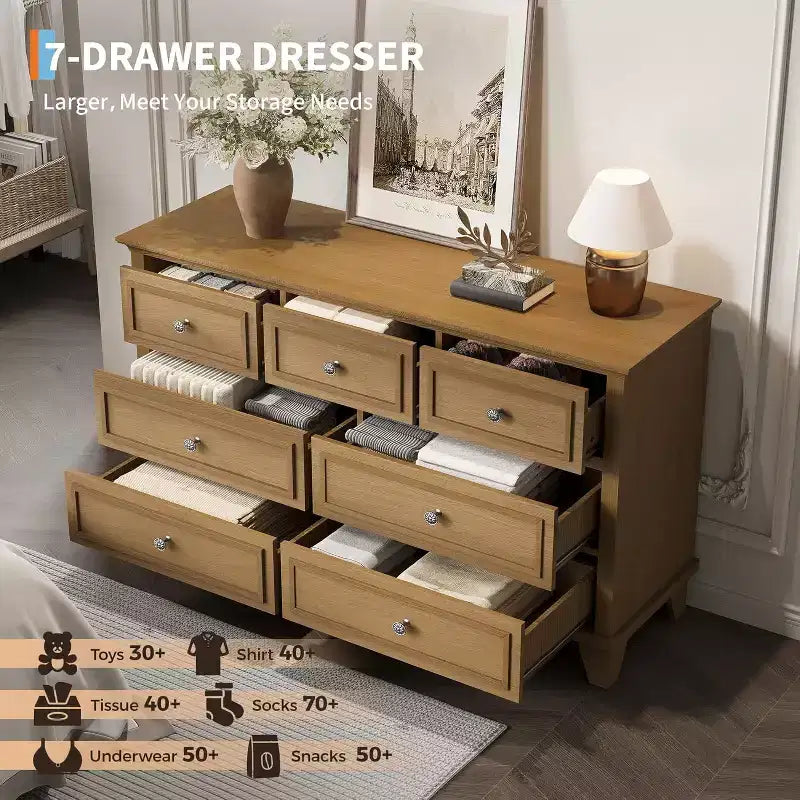 7-Drawer TV Stand and Dresser, Modern Long Chest with Vintage Handles and Deep Storage for Living Room, Bedroom, Hallway