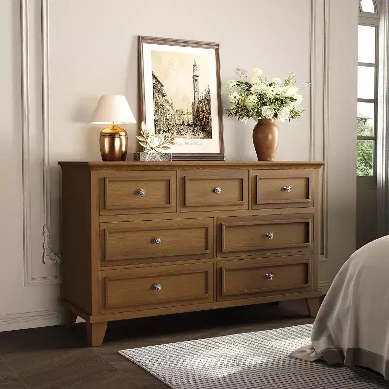 7-Drawer TV Stand and Dresser, Modern Long Chest with Vintage Handles and Deep Storage for Living Room, Bedroom, Hallway