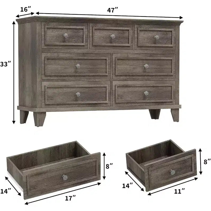 7-Drawer TV Stand and Dresser, Modern Long Chest with Vintage Handles and Deep Storage for Living Room, Bedroom, Hallway