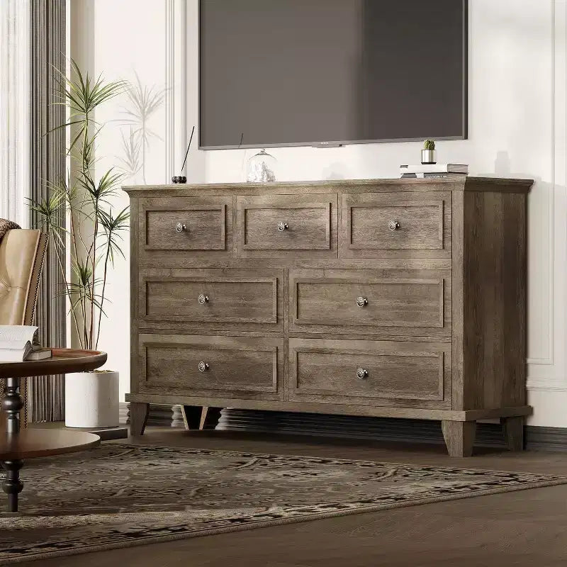 7-Drawer TV Stand and Dresser, Modern Long Chest with Vintage Handles and Deep Storage for Living Room, Bedroom, Hallway
