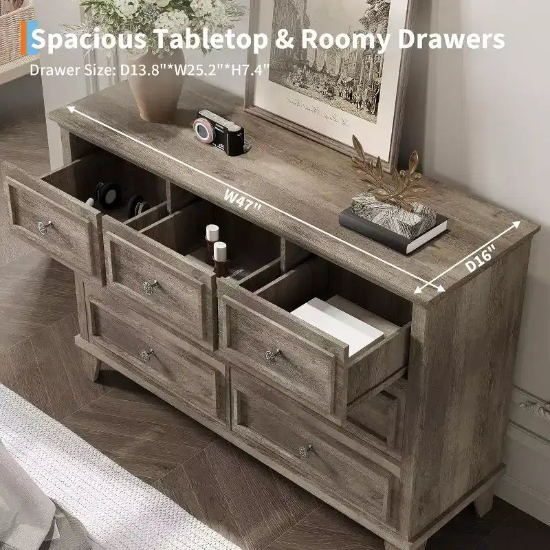 7-Drawer TV Stand and Dresser, Modern Long Chest with Vintage Handles and Deep Storage for Living Room, Bedroom, Hallway