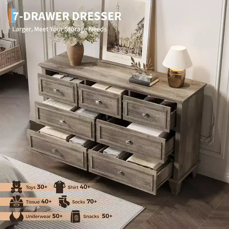 7-Drawer TV Stand and Dresser, Modern Long Chest with Vintage Handles and Deep Storage for Living Room, Bedroom, Hallway