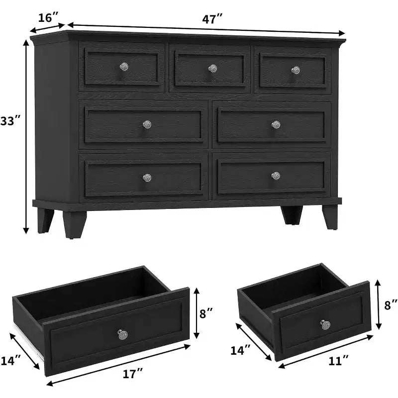 7-Drawer TV Stand and Dresser, Modern Long Chest with Vintage Handles and Deep Storage for Living Room, Bedroom, Hallway