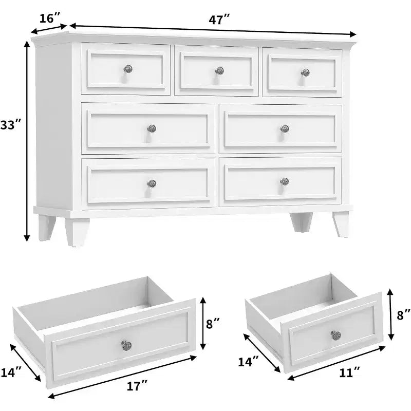 7-Drawer TV Stand and Dresser, Modern Long Chest with Vintage Handles and Deep Storage for Living Room, Bedroom, Hallway