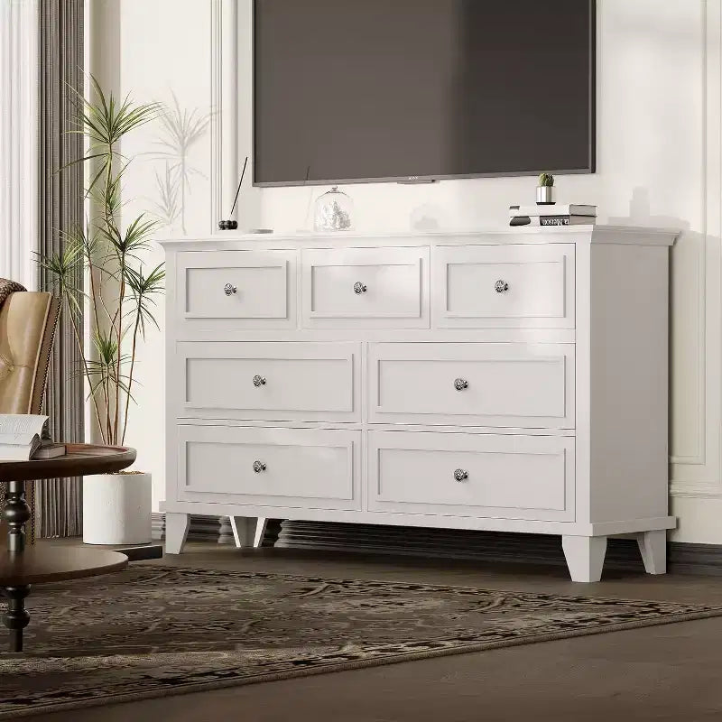 7-Drawer TV Stand and Dresser, Modern Long Chest with Vintage Handles and Deep Storage for Living Room, Bedroom, Hallway