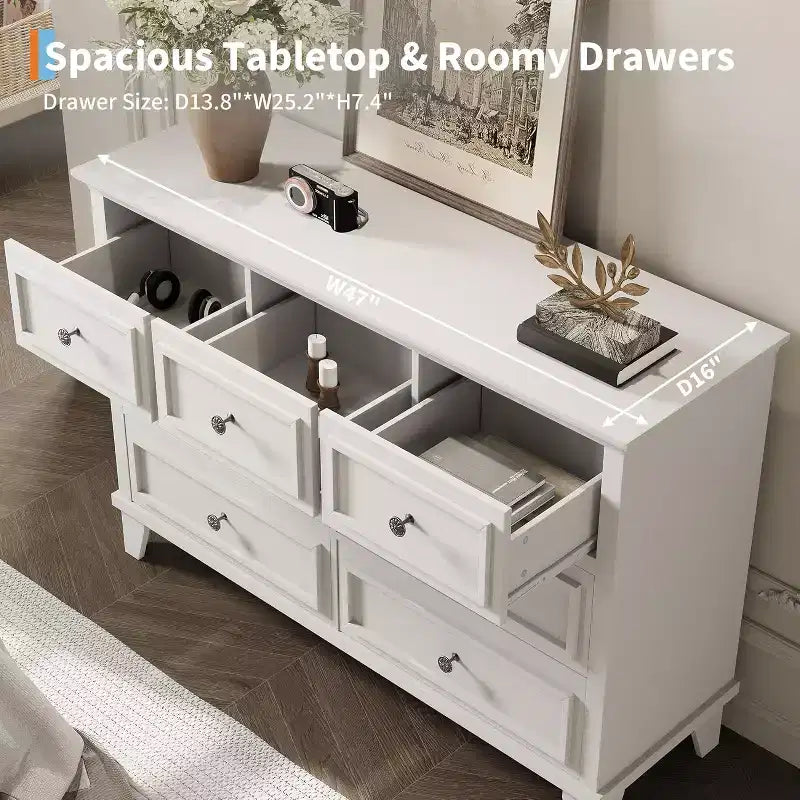 7-Drawer TV Stand and Dresser, Modern Long Chest with Vintage Handles and Deep Storage for Living Room, Bedroom, Hallway