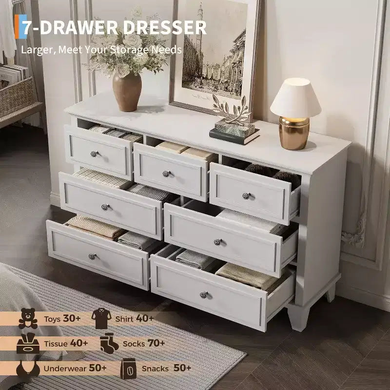 7-Drawer TV Stand and Dresser, Modern Long Chest with Vintage Handles and Deep Storage for Living Room, Bedroom, Hallway
