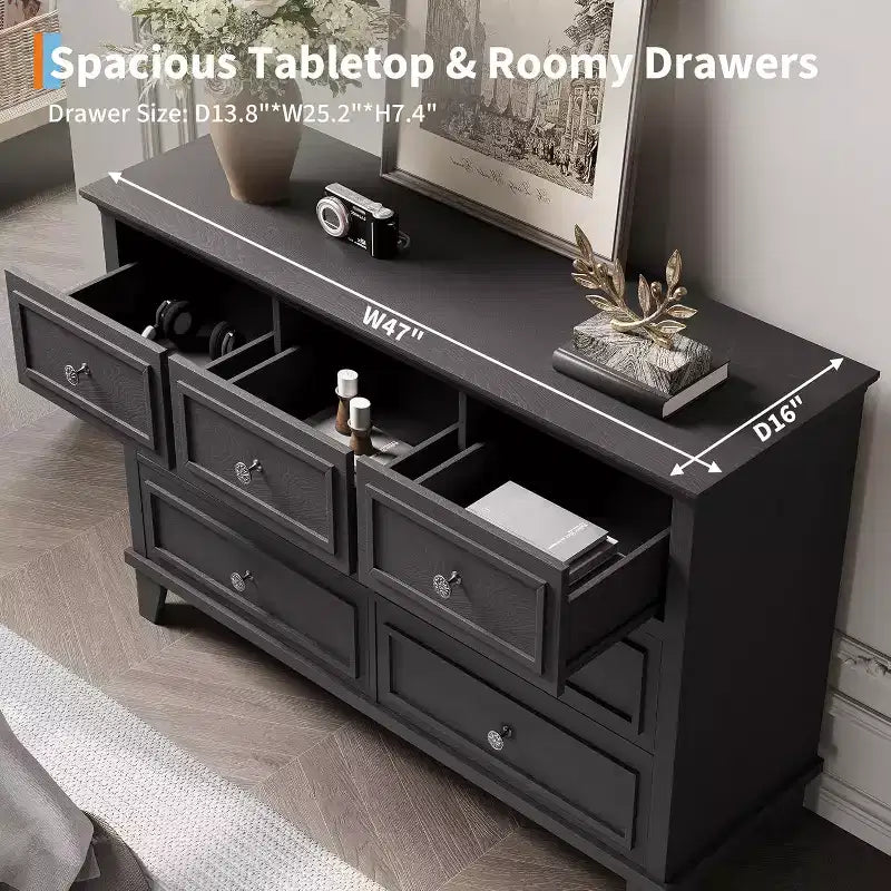 7-Drawer TV Stand and Dresser, Modern Long Chest with Vintage Handles and Deep Storage for Living Room, Bedroom, Hallway