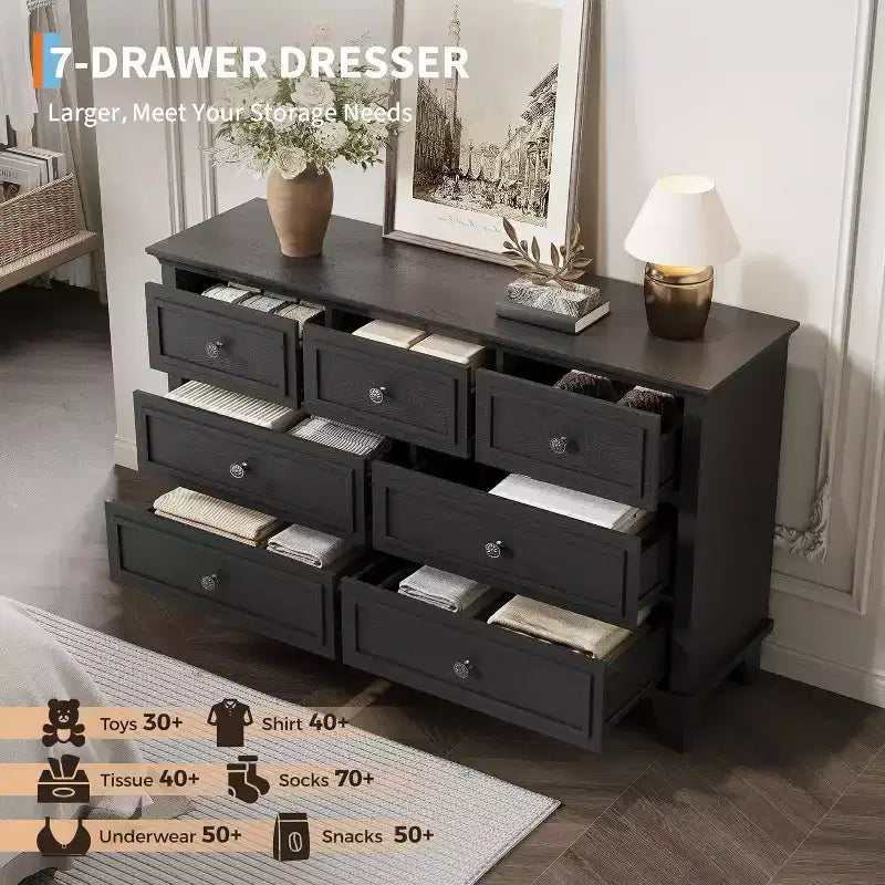 7-Drawer TV Stand and Dresser, Modern Long Chest with Vintage Handles and Deep Storage for Living Room, Bedroom, Hallway