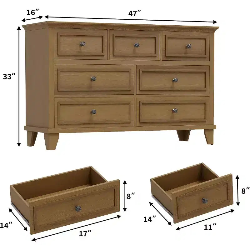 7-Drawer TV Stand and Dresser, Modern Long Chest with Vintage Handles and Deep Storage for Living Room, Bedroom, Hallway