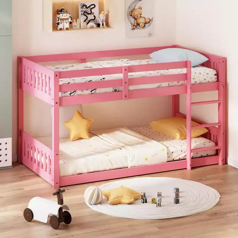 JOYMOR Low Twin Over Twin Bunk Bed for Kids/Junior, Wood Twin Bunk Bed Frame with Guardrails & Ladder for Boys Girls, Mattress Not Included