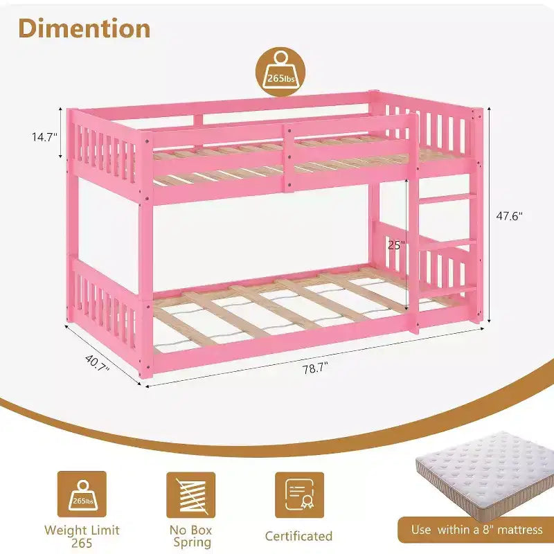 JOYMOR Low Twin Over Twin Bunk Bed for Kids/Junior, Wood Twin Bunk Bed Frame with Guardrails & Ladder for Boys Girls, Mattress Not Included