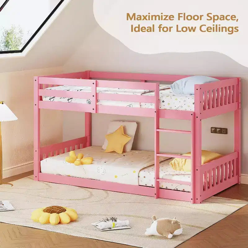 JOYMOR Low Twin Over Twin Bunk Bed for Kids/Junior, Wood Twin Bunk Bed Frame with Guardrails & Ladder for Boys Girls, Mattress Not Included