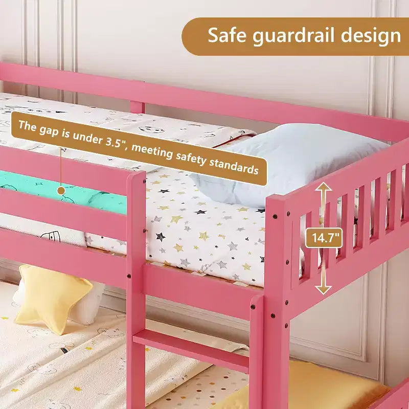 JOYMOR Low Twin Over Twin Bunk Bed for Kids/Junior, Wood Twin Bunk Bed Frame with Guardrails & Ladder for Boys Girls, Mattress Not Included