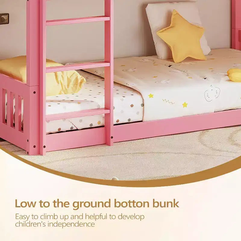 JOYMOR Low Twin Over Twin Bunk Bed for Kids/Junior, Wood Twin Bunk Bed Frame with Guardrails & Ladder for Boys Girls, Mattress Not Included