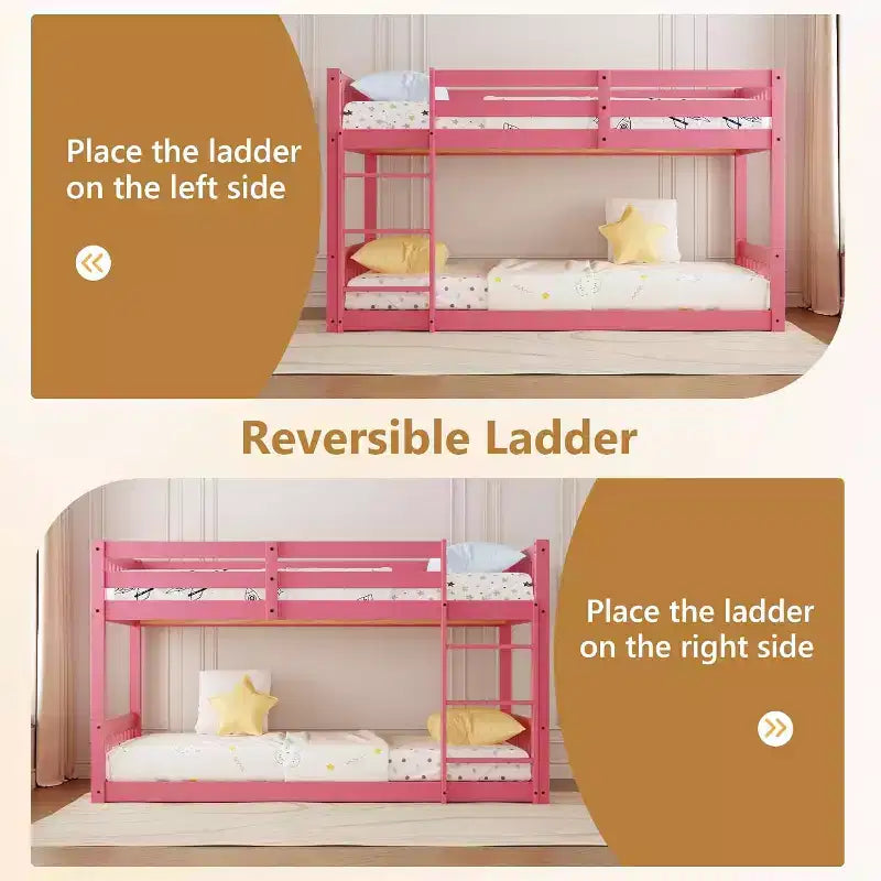 JOYMOR Low Twin Over Twin Bunk Bed for Kids/Junior, Wood Twin Bunk Bed Frame with Guardrails & Ladder for Boys Girls, Mattress Not Included