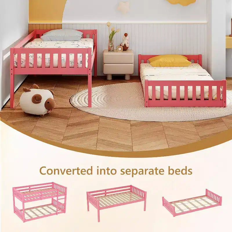 JOYMOR Low Twin Over Twin Bunk Bed for Kids/Junior, Wood Twin Bunk Bed Frame with Guardrails & Ladder for Boys Girls, Mattress Not Included