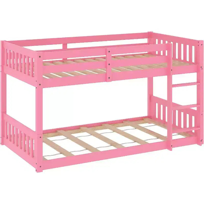 JOYMOR Low Twin Over Twin Bunk Bed for Kids/Junior, Wood Twin Bunk Bed Frame with Guardrails & Ladder for Boys Girls, Mattress Not Included