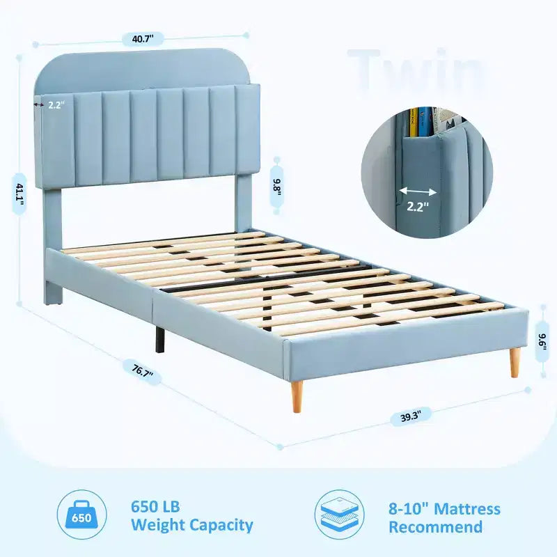 Twin Bed Frames, Velvet Upholstered Platform Bed Frame with Headboard and Strong Wooden Slats, No Box Spring Needed/Noise-Free/Easy Assembly, Pink