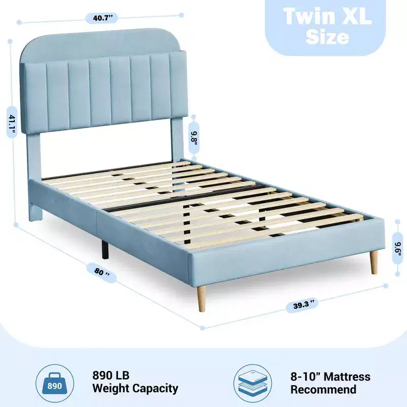 Twin Bed Frames, Velvet Upholstered Platform Bed Frame with Headboard and Strong Wooden Slats, No Box Spring Needed/Noise-Free/Easy Assembly, Pink