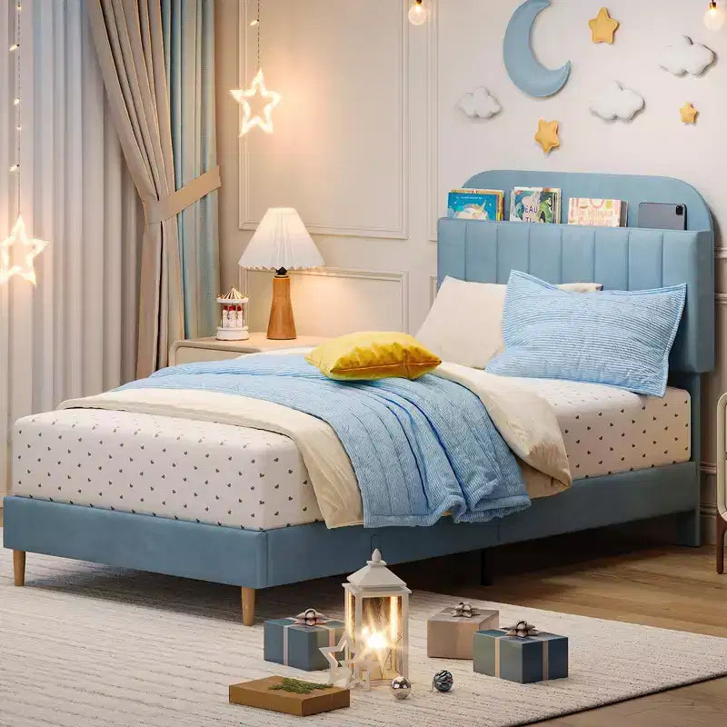 Twin Bed Frames, Velvet Upholstered Platform Bed Frame with Headboard and Strong Wooden Slats, No Box Spring Needed/Noise-Free/Easy Assembly, Pink