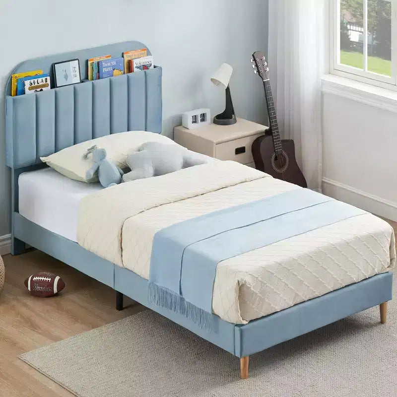 Twin Bed Frames, Velvet Upholstered Platform Bed Frame with Headboard and Strong Wooden Slats, No Box Spring Needed/Noise-Free/Easy Assembly, Pink